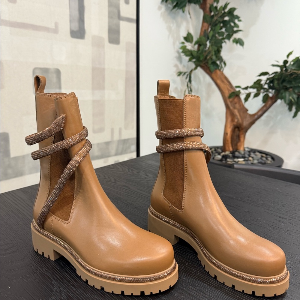 Rene Caovilla  Tan Leather Ankle Boots